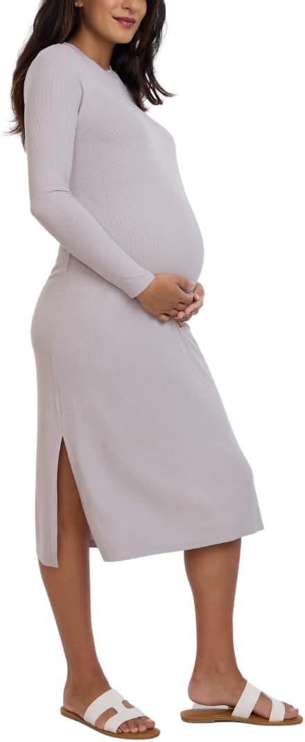 Motherhood Maternity Women's Long Sleeve Rib Knit Column Midi Pregnancy Bodycon Dress (Large, Opal)