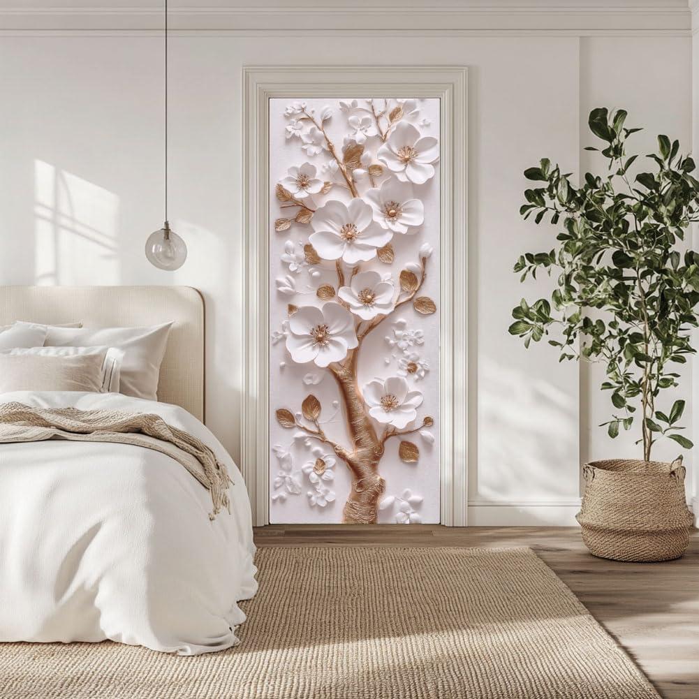 arricraft 2 Pcs Self-Adhesive Door Sticker, 31.5"x78.7" 3D Flower and Golden Branch Door Murals Stickers PVC Removable Wallpaper Decoration for Bedrooms Living Room