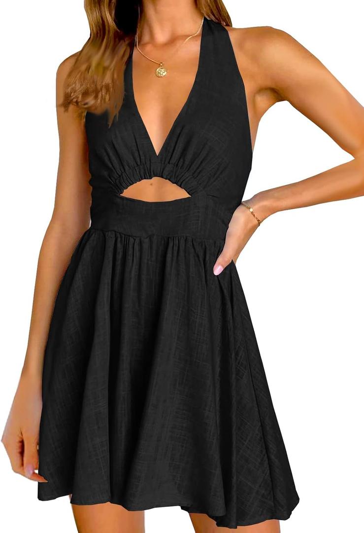 Inorin Womens Summer Sleeveless Halter V Neck Backless Cut Out Sexy Casual Party Swing Flared Mini Dress (Black, XL)