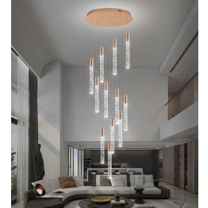 12-Lights High Ceiling Crystal Chandelier, Modern Large LED Raindrop Pendant Light Fixture 99" H Flush Mount Chandelier Gold for Foyer Staircase Villa Living Room