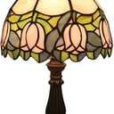 Tiffany Style Table Lamp, Pink Tulip Stained Glass Lamp, 8 Inch Small Antique Lamp, for Bedside Nightstand Bedroom Living Room Home Office, Include LED Bulb