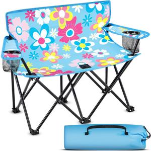 Folding Double Lawn and Camping Chair Gift for Birthday Portable 2 Person Love Seat Camp Chair with Cup Holder Outdoor Foldable Beach Chair for Beach Travel Picnic Sports(Floral)
