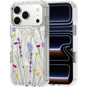 MOSNOVO for iPhone 17 Pro Case | Military Grade 6.6ft Drop Tested | Camera Control | Clear with Floral Garden Design