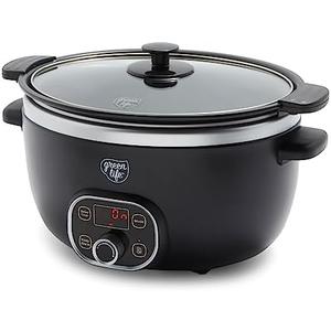 GreenLife 6 Quart Ceramic Slow Cooker, PFAS-Free, Programmable, Removable Healthy Nonstick Pot for large families, Sear on Stovetop, Keep Warm, Digital Timer, Dishwasher Safe Glass Lid & Crock, Black