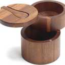 Salt Bowl with Spoon, 7oz Salt and Pepper Containers Triple Compartment, Small Acacia Salt Containers for Countertop, Salt Cellar for Kitchen