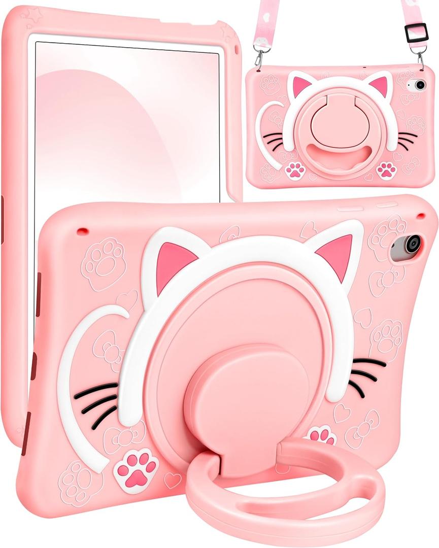 Wazzasoft for iPad A16 Case/10th Generation Case - Soft Silicone Tablet Cover for iPad 11th 11 Inch/10th 10.9 Inch Funda Girls Women 3D Cartoon Cute Cat Kitten with Rotating Stand & Strap (Pink)