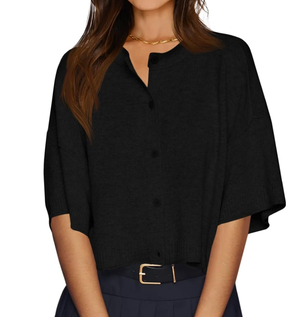 Cicy Bell Womens Half Sleeve Cardigan Sweaters Cropped Button Down Tops Oversized Lightweight Ribbed Knit Summer Outfits, Size L