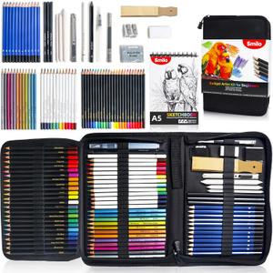 Smilo 76-Piece Drawing Kit: 24 Colored, 12 Watercolor, 12 Metallic & 12 Graphite Pencils - Pro Art Supplies with Sketchbook, Charcoal, Water Brush Pen for Adults, Teens, Beginners