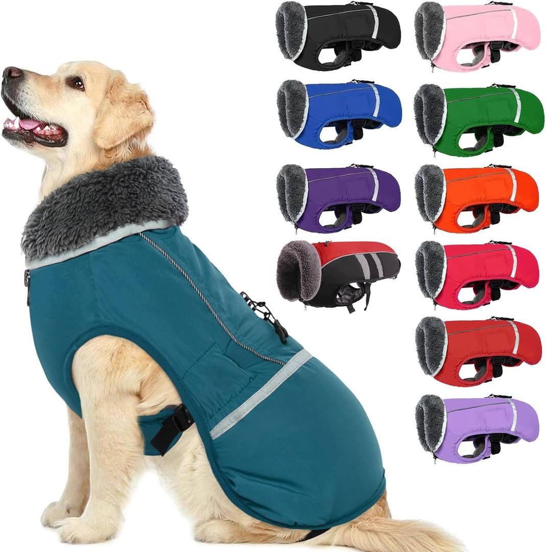 QBLEEV Warm Dog Coat Reflective Winter Jacket, Waterproof Windproof Dog Turtleneck Clothes for Cold Weather, Thicken Fleece Lining Pet Outfit, Adjustable Pet Vest Apparel for Small Medium Large Dogs (Aqua)