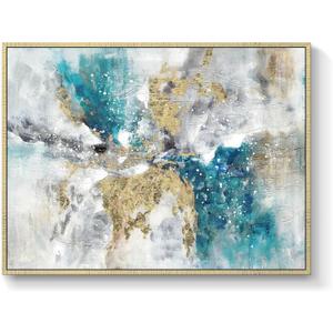 Abstract Canvas Framed Wall Art: Marble Abstract Heavy Texture Pictures Minimalist Painting with Gold Foil for Bedroom (40''W x 30''H, Multiple Sizes) (blue green framed)