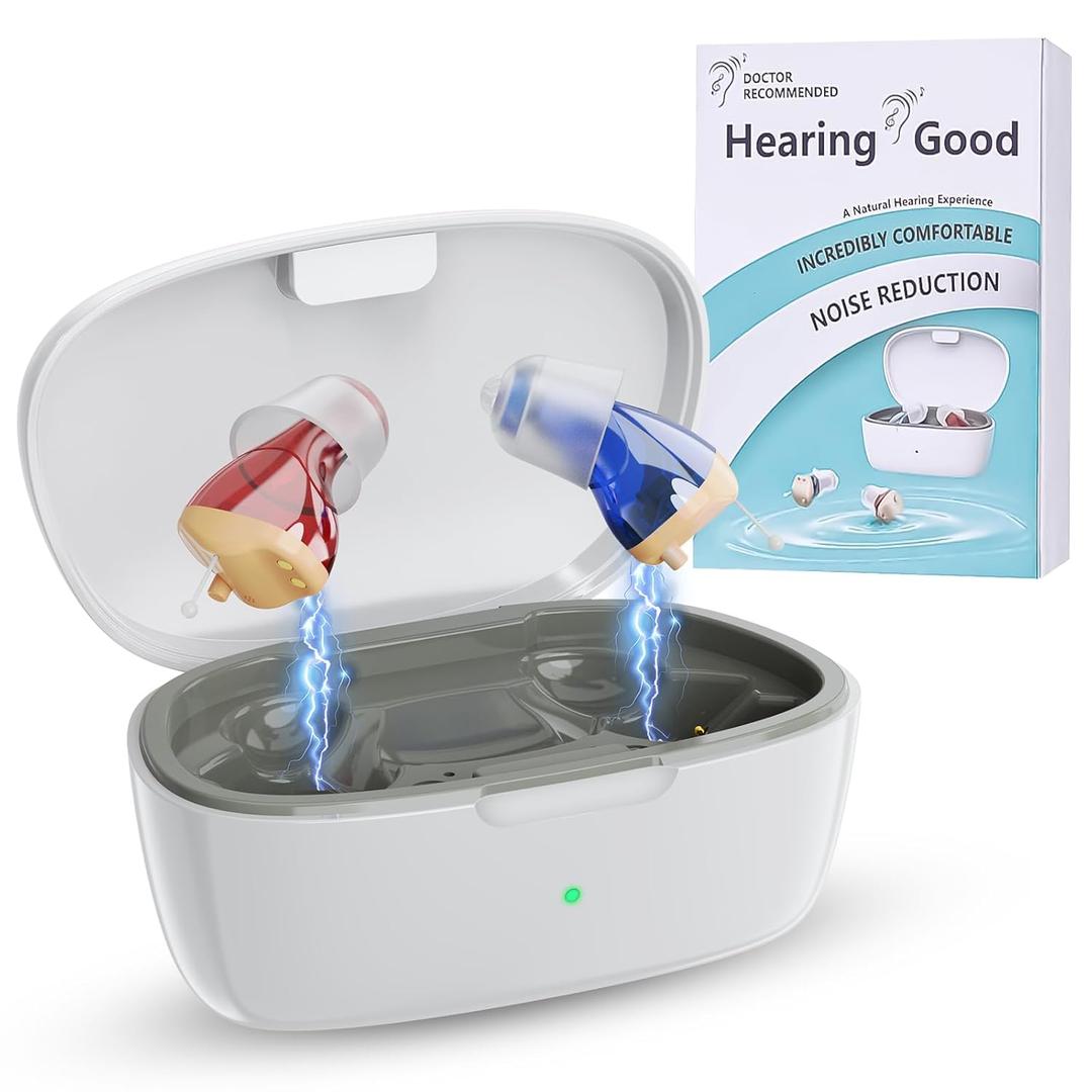 Hearing Aids for Seniors, Invisible Hearing Amplifiers with Noise Cancelling, Rechargeable Hearing Aids for Severe Hearing Loss Adults, Comfort In-ear Hearing Devices (151 pro, Red Blue)