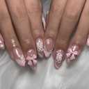 Easter Pink Cute Bunny Teens Press On Nails Medium Almond Fake Nails for Girls With 3D Flower Bow Tie. French Tip Acrylic False Nails, Salon-Quality Reusable Nails for Women(No Glue Included)