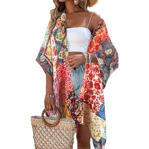 Beautiful Nomad Women's Kimono Swimsuit Coverups Beach Floral Casual Cardigan Bathing Suit Cover Up for Summer Swimwear (Boho Orange Color)