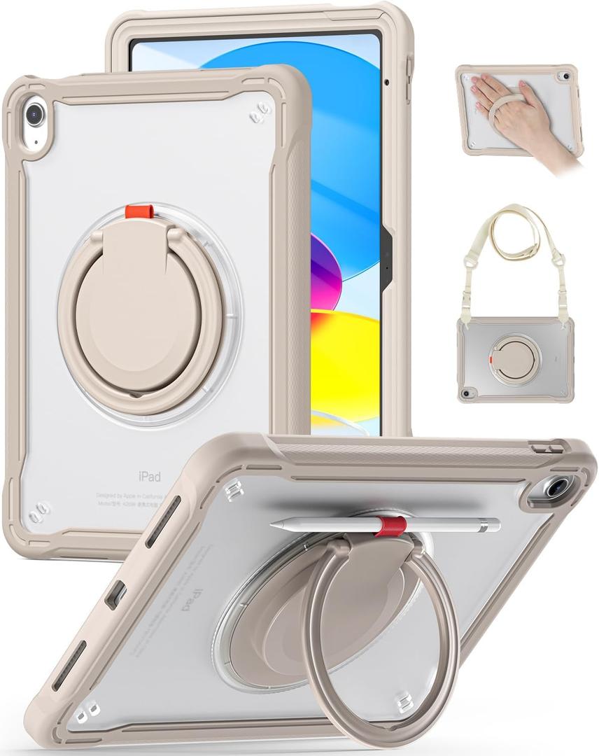 BRAECN for iPad (A16) 11th/10th Generation Case 11 inch 2025/10.9'' 2022 Handle Protective Cover 360 Rotating Ring Stand, Shockproof Dropproof Case for Kids Kickstand & Pencil Holder & Shoulder Strap (Khaki)