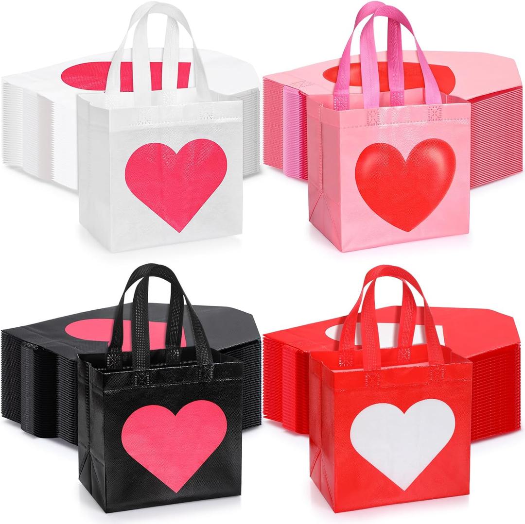 Kacctyen 60 Pcs Heart Gift Bags Bulk Valentines Day Non-woven Reusable Tote with Handles Galentine Goody Treat Shopping Bags for Birthday Wedding Party Favor, 10 x 8 x 4 Inch(Pink and White)