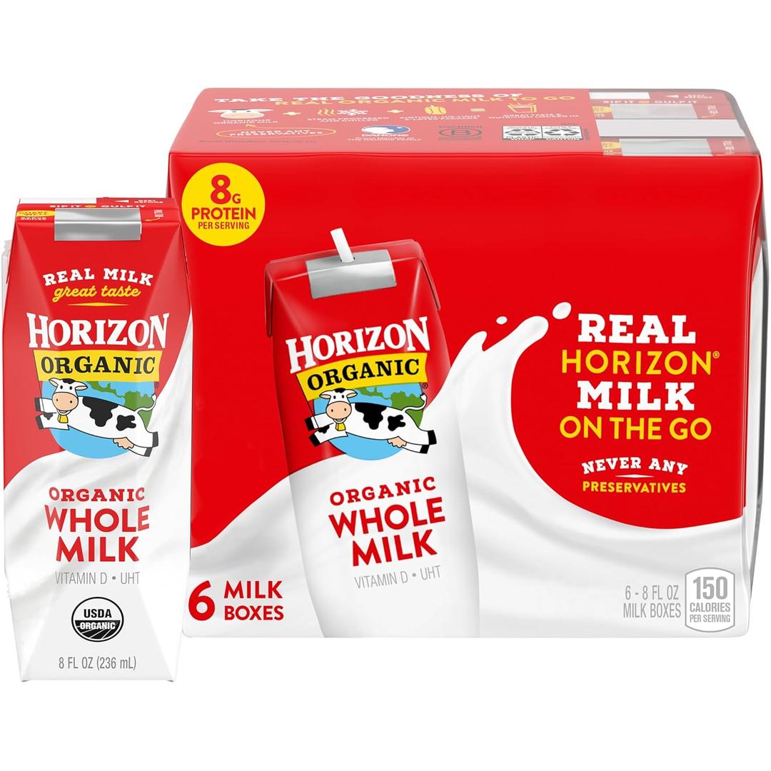 Horizon Organic Shelf Stable Whole Milk Boxes, Pack of 6 - 8g Protein per Serving BBD: 04-30-2026