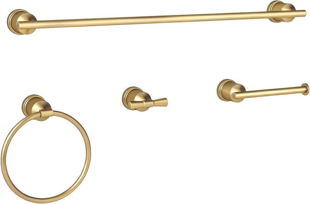 YUMORE Gold Bathroom Hardware Set, 4-Pieces Wall Mounted Bath Accessories Kit, Stainless Steel Towel Bar, Towel Ring, Toilet Paper Holder & Robe Hooks, Modern Brushed Gold Finish