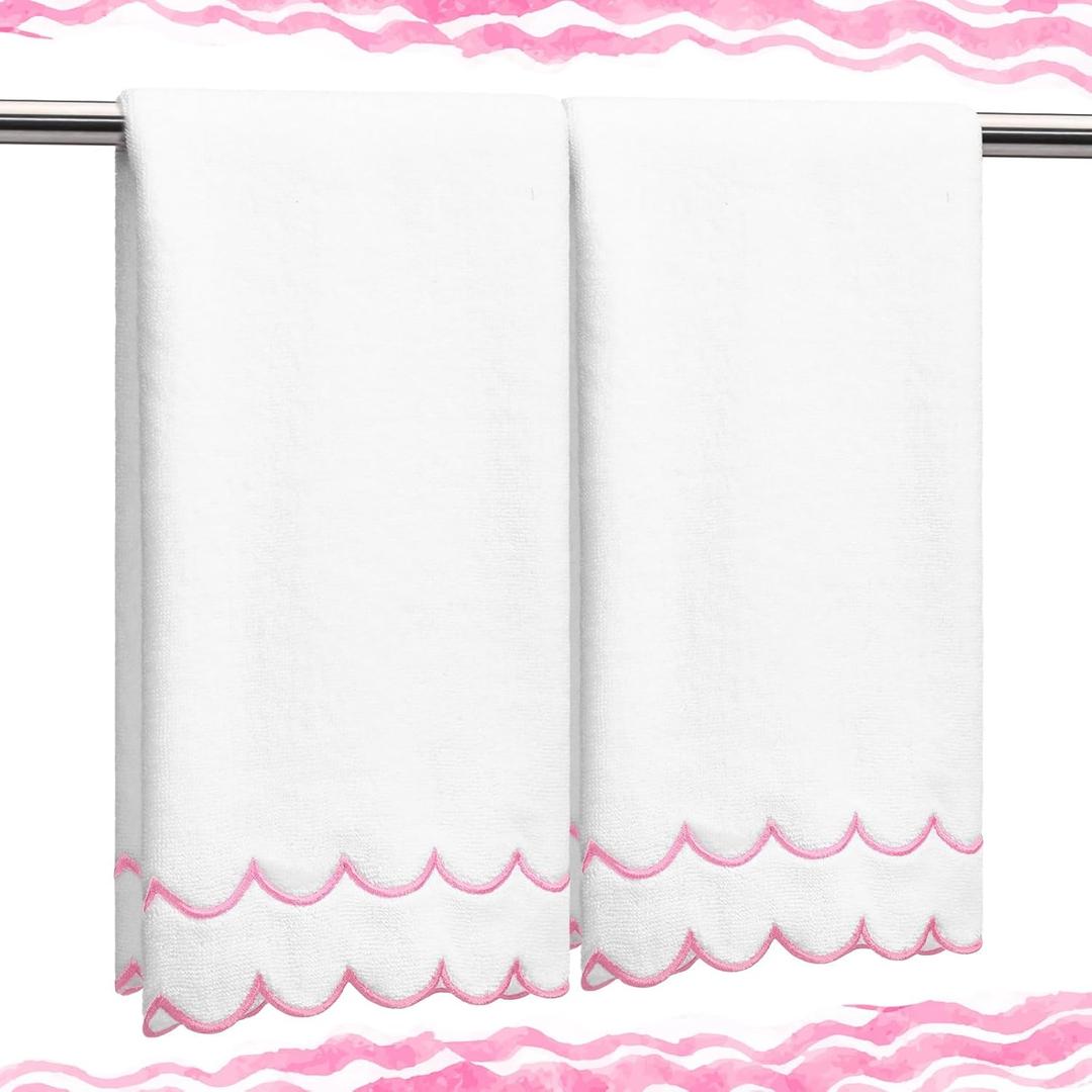 2 Pcs Scalloped Hand Towels 100% Cotton Fingertip Towels for Bathroom 15.75 x 27.56 Inch 600 GSM Cute Soft Absorbent Embroidered Decorative for Home Hotel(Pink,Classic)