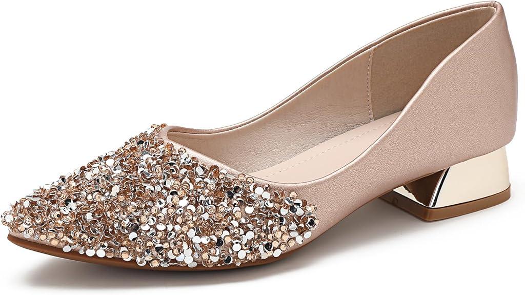 YQRUIMIAO Women's Pumps, Closed Toe Chunky Heels for Women, Comfortable Work Pumps Shoes, Pointed Toe Rhinestones Dress Wedding Pumps for Women 265(1.5)