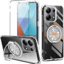 for Xiaomi Redmi Note 13 4G (Not 5G) Phone Case with Glass Screen Protector 360 Rotatable Ring Holder Kickstand [Non Yellowing] Transparent 4 Corners Shockproof Protective Phone Cover Case - Clear