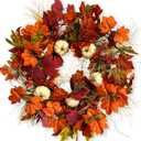 Fall Wreaths for Front Door,24 Inch Autumn Large Pumbkin Wreath with Berry,Maple Leaves and Pine Cone,Thanksgiving Harvest Festival Wreaths Indoor and Outdoor Wall, Window,Home Door Decor (Orange)
