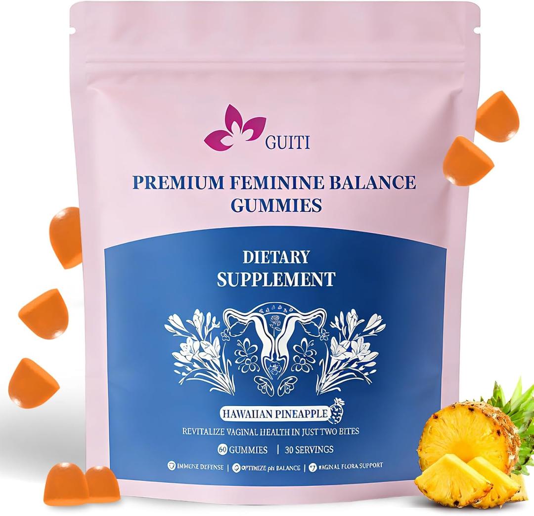 GUITI Premium Feminine Balance Gummies, Hawaiian Pineapple Flavored Gummies, Pineapple Gummies for Women PH, Vaginal Probiotics, 60 Gummies