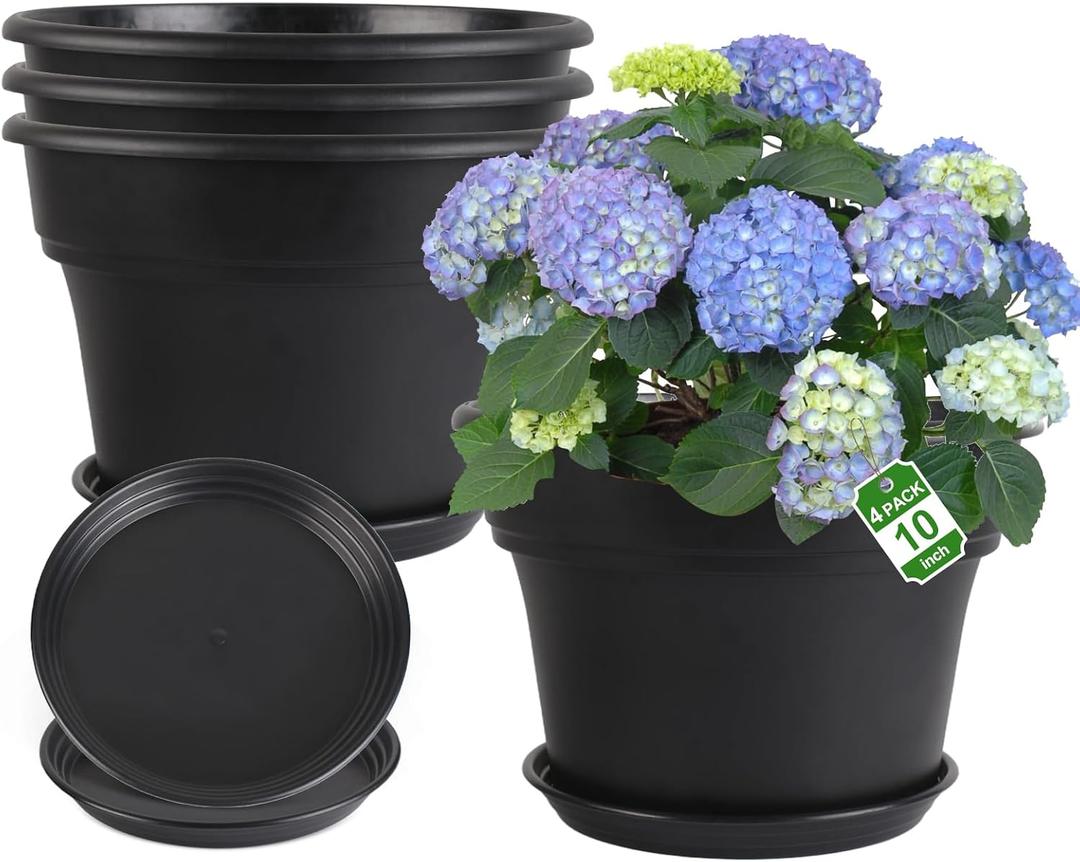 Myfeegoin 10-inch-Plant-Pots-Indoor-Outdoor, 4 Pack Plastic Planters with Drainage Holes & Saucers, Resin Flower Pots with Trays, Classic Garden Pot Container for House