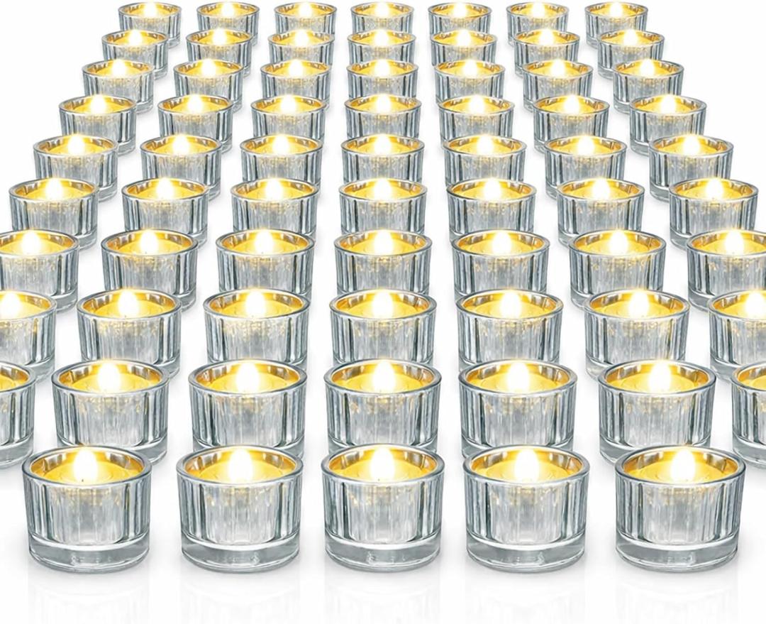 Mumufy 100 Pcs Glass Tealight Candle Holder Ribbed Votive Candle Holder for Centerpiece Wedding Proposal Spa Aromatherapy Meditation Home Decor (Silver)