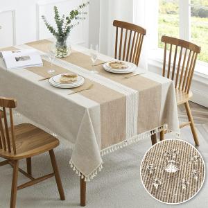 QIANQUHUI Embroidered Tablecloth for Dining Table,Dust Proof Spillproof Soil Resistant Cotton Linen Rectangle Table Cloths (Coffee, Rectangle/Oblong, 55'x86'', 6-8 Seats)
