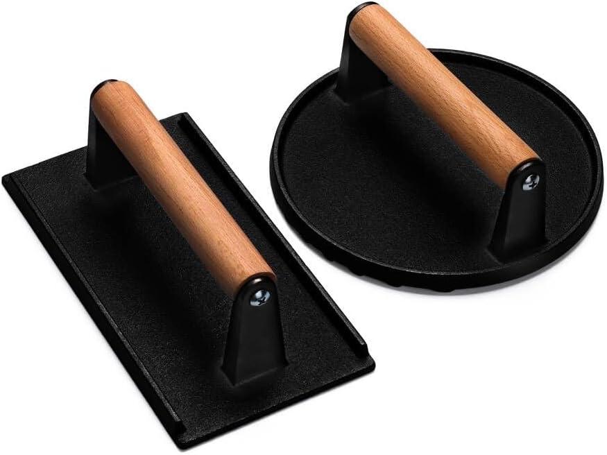 Burger Press, 7" Round & 8.2"X4.3" Rectangle Heavy-Duty Cast Iron Smash Bacon Press Meat Steak With Wood Handle for Griddle, Sandwich, Nonstick Pan (34.04 Ounce (Pack Of 2))