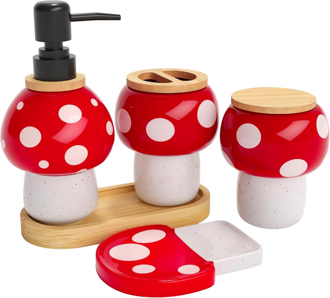 Mushroom Bathroom Decor Set  Ceramic Soap Dispenser, Toothbrush Holder, Canister, and Soap Dish with Bamboo Accessories  Cottagecore Bathroom Gifts for Women