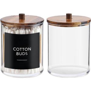 2 Pack Qtip Holder Dispenser with Wood Lids - 10 oz Clear Plastic Apothecary Jar Containers for Vanity Makeup Organizer Storage - Bathroom Accessories Set for Cotton Swab,Pads, Ball, Floss