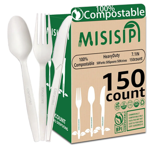 MISISIPI 150-Count Compostable Utensils Set - Heavy Duty BPI Certified, Plastic-Free Disposable Forks, Spoons, Knives for BBQ, Camping, Events, Plant-Based Cutlery