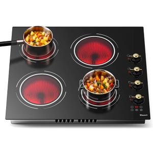 24 Inch Electric Cooktop - 4 Burner Drop-in(22.05"x19.3") Ceramic Stove Top 6000W, 220V Electric Stove, 9 Power Level, Pause, Safety Lock, Touch & Knob Control, 240V Hard Wired (No Plug)