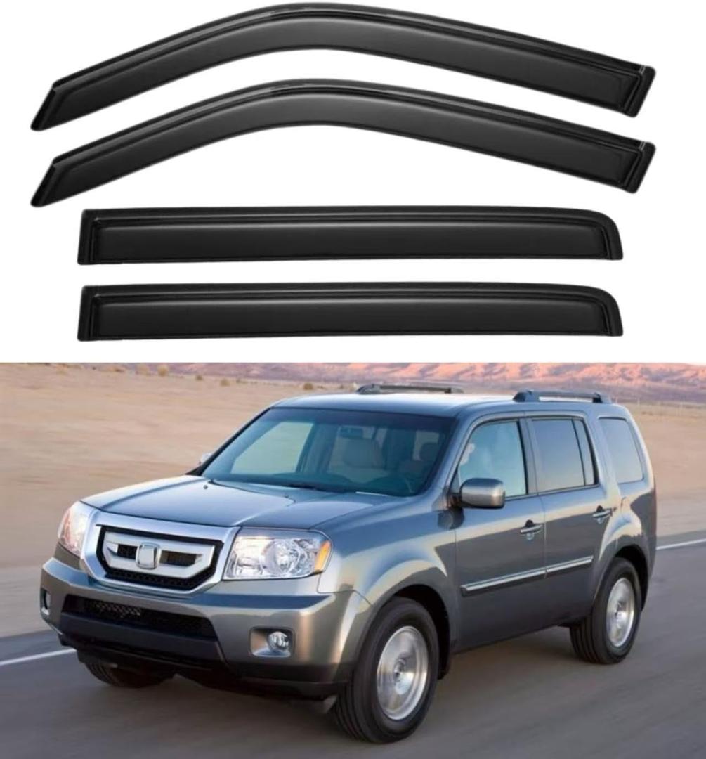 Window Rain Guards for Honda Pilot 2009 2010 2011 2012 2013 2014 2015, Tape-on Side Window Vent Visors Wind Deflectors Shades