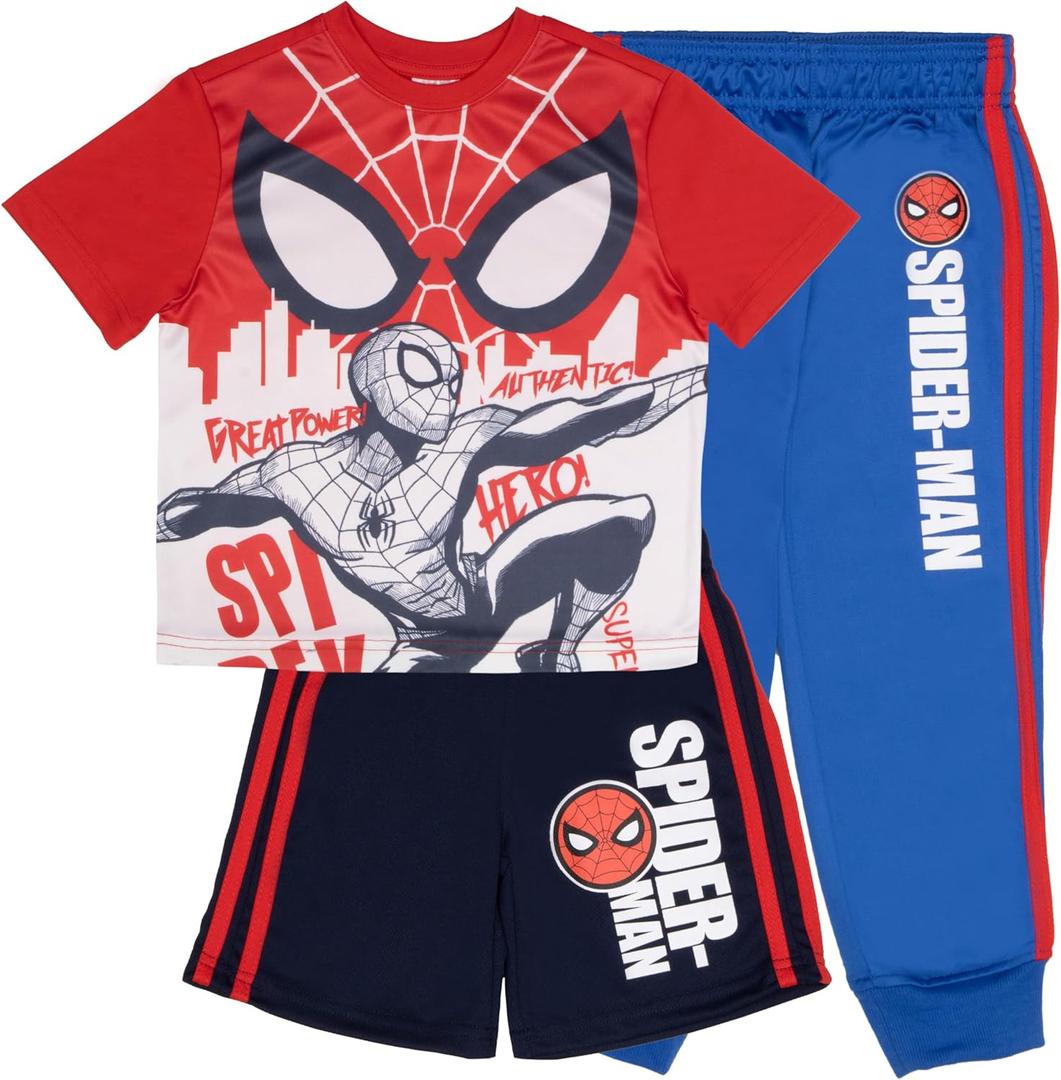 Marvel Spider-Man Boys 3-Piece Superhero Jogger Set - Spidey, Miles Morales Graphic T-Shirt, Shorts, & Sweatpants Bundle (5-6, Red/Blue/Black)