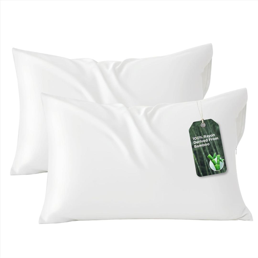Bedsure Zipper Pillow Cases Standard Size, Cooling Pillow Cases Set of 2, Rayon Derived from Bamboo Cooling Pillowcase for Hot Sleepers, Soft & PureWoven Pillow Covers, Gifts, White, 20x26 Inches