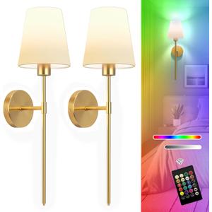 Battery Operated Wall Sconces Set of Two, Gold Wireless Wall Lights with 5200mAh Dimmable Bulbs and Remote, 12 Color Rechargeable Wall Sconce for Bedroom Living Room Hallway, 24 Inch