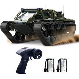 RC Tank All Terrain Army Truck for Kids - 2.4G Fully Proportional Remote Control Military Vehicle with 2 Batteries, Rock Crawler 4WD 360Rotating Drifting Car with Cool Lights, Great Gift for Boys