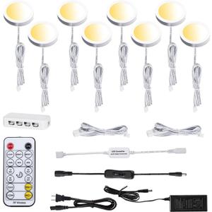 AIBOO LED Under Cabinet Puck Lights CCT Light Color Temperature Adjustable Warm+White Double Color with Dimmable RF Remote Controller for Kitchen Shelf Ambiance Display Lighting (8 Lights, 24W)
