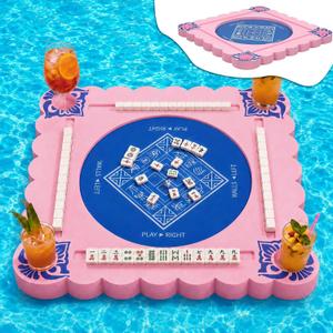 Floating Mahjong Table for Pool, EVA Floating Mahjong Mat with Tile Slots and Drink Holder for Card, Dominoes, Poker, Adult, Summer Beach Water Game, 29.5 x 29.5 Inches(Chinese Characters)
