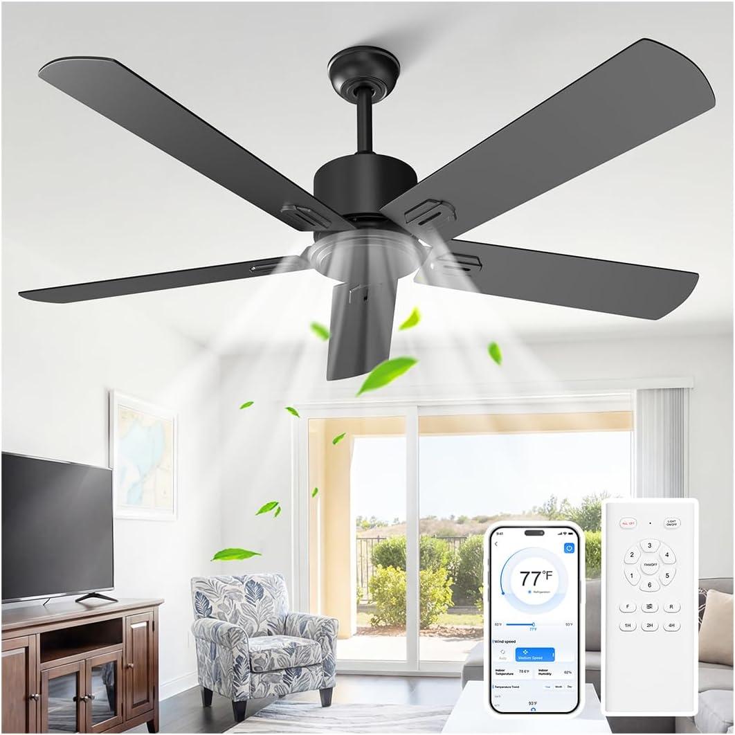 Obabala Black Ceiling Fan No Light, 52 in Outdoor Flush Mount Ceiling Fans with Remote Control without Light, 5 Blades, 6 Speed Reversible DC Motor Modern for Patios, Garage, Bedroom, Porch