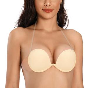JOATEAY Women's Strapless Backless Bra Plunge Push Up Underwire Adhesive Halter Bra with Clear Strap(Nude, B)