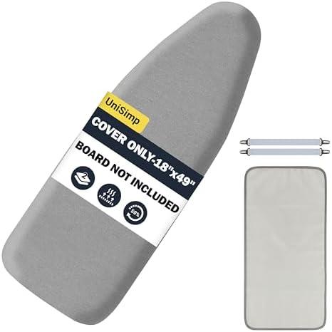 UniSimp Ironing Board Cover and Pad 18x49- Extra Thick Natural Cotton, Scorch and Stain-Resistant Iron Board Cover, Wide Ironing Board Cover with Metal Fasteners Heavy Duty Heatproof Elastic Edge