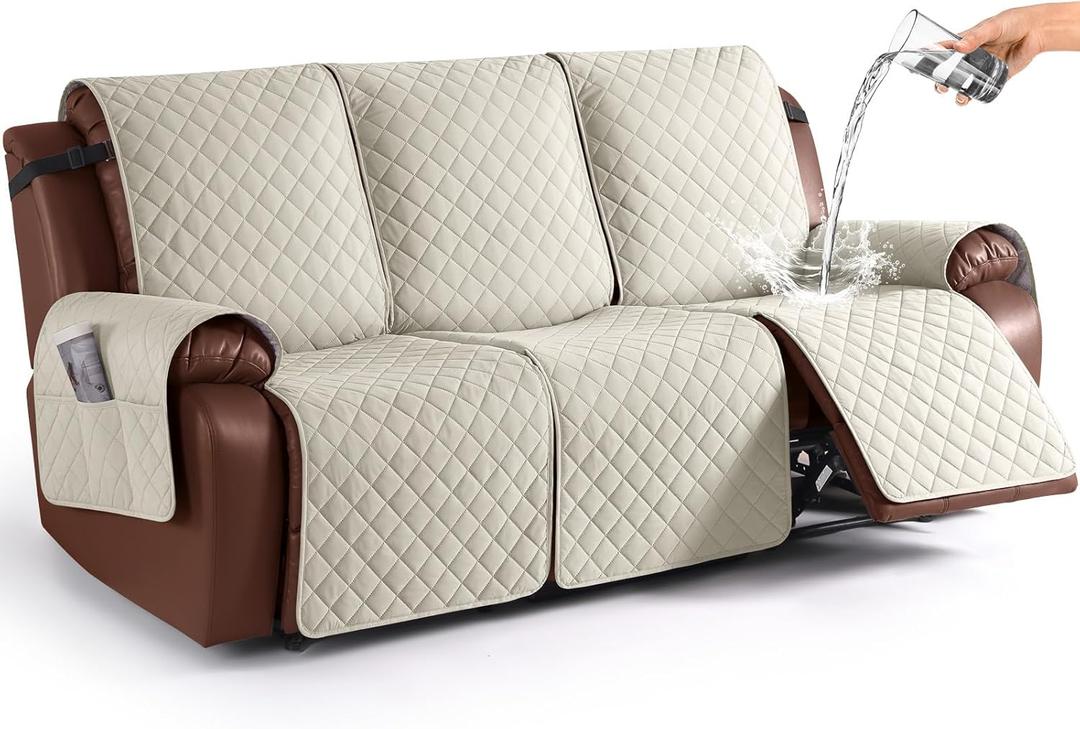 KinCam Waterproof Recliner Sofa Cover, Non-Slip Reclining Couch Covers for 3 Seat, Recliner Couch Cover Furniture Protector with Elastic Straps for Pets, Kids, Ivory