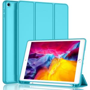 iMieet iPad 9th Generation Case 2021/iPad 8th Generation Case 2020 10.2 Inch with Pencil Holder, iPad 7th Gen 2019 Case with Soft Baby Skin Silicone Back, Auto Wake/Sleep Cover (Cyan)