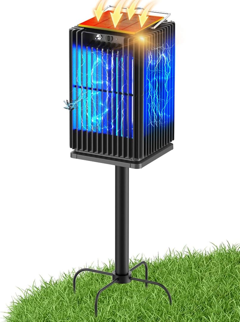 Solar Bug Zapper Outdoor, Waterproof Mosquito Zapper with Ground Stake, Cordless 4200V Electric Fly Zapper w/Smart Light Sensor, 5000mAh Rechargeable Mosquito Killer Trap for Patio Backyard Camping, Black