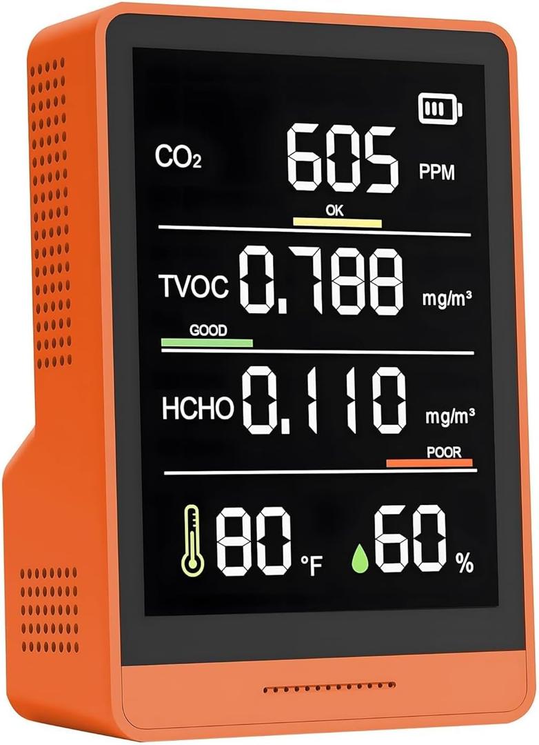 5-in-1 Professional Indoor Air Quality Monitor Indoor Portable CO2 Monitor | Temperature | Formaldehyde Detector | Humidity TVOC | Air Quality Tester - Confined Space Clean Air Monitor (Orange)