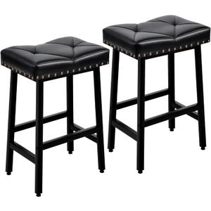 VECELO 25 inch Counter Height Stools for Kitchen Island, Bar Stools Set of 2, Kitchen Stools with 3.3'' Thick PU Upholstered Saddle Seats, Backless Barstools Bar Chairs with Metal Base, Black