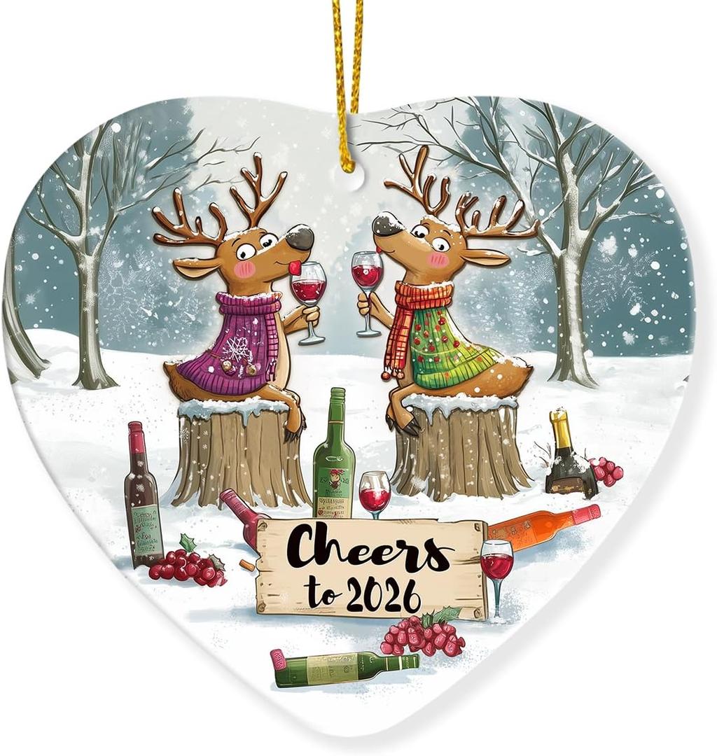 6 x New Year Ornaments - Funny Xmas Gifts for Friends Coworkers Neighbors Family, Unique Ornament Exchange Ideas, Happy New Year 2026 Ceramic Ornaments for Christmas Tree Decorations